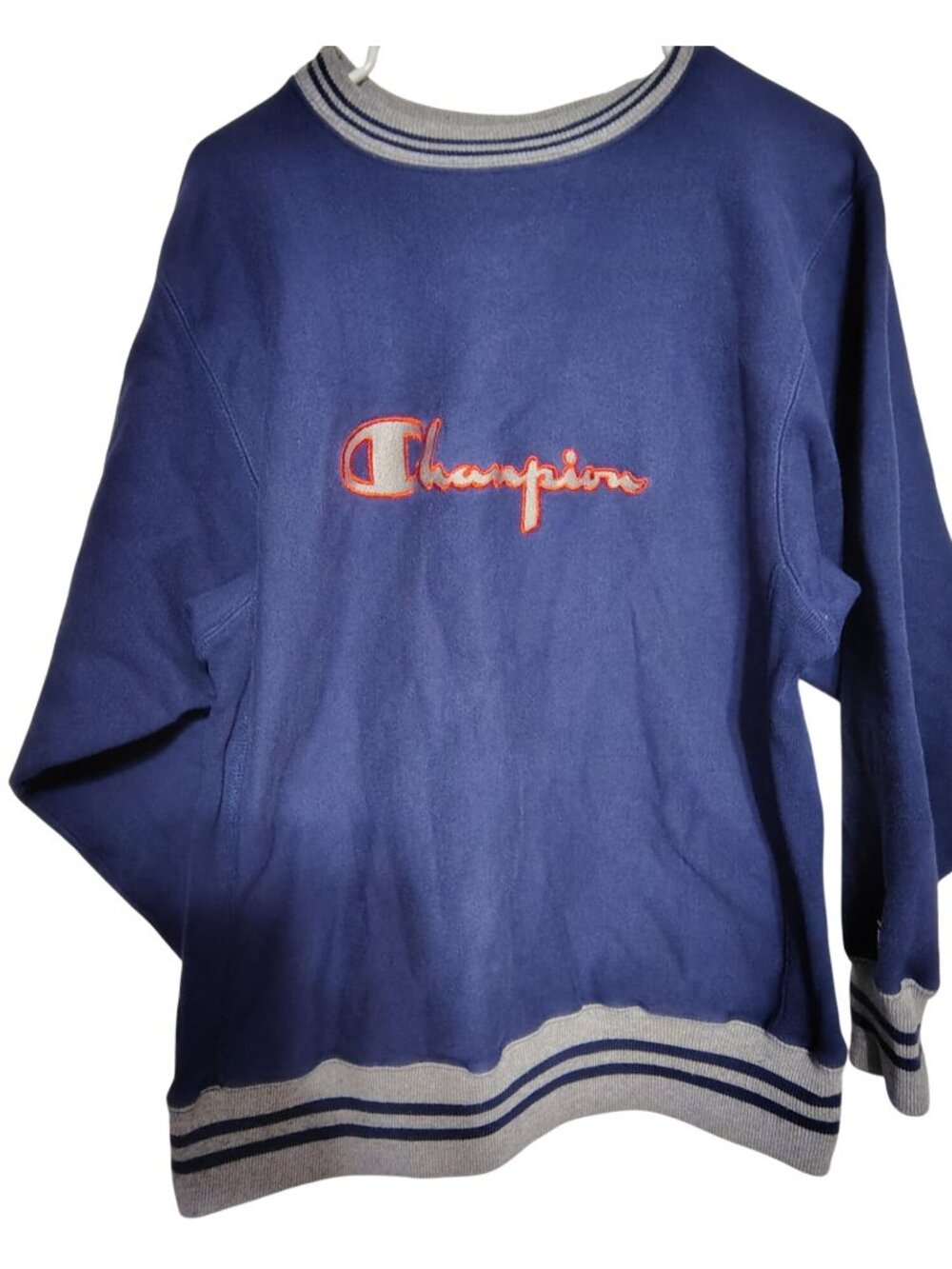 Vintage Champion Spell Out Reverse Weave Large Sweatshirt Blue Gray Embroidered